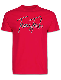 Red Texas Tech t-shirt with Texas Tech across the chest in a fine line cursive script, black glitter with a white outline