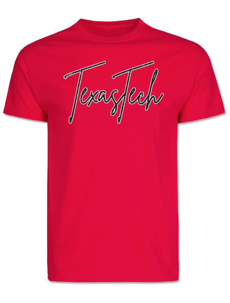 Red Texas Tech t-shirt with Texas Tech across the chest in a fine line cursive script, black glitter with a white outline
