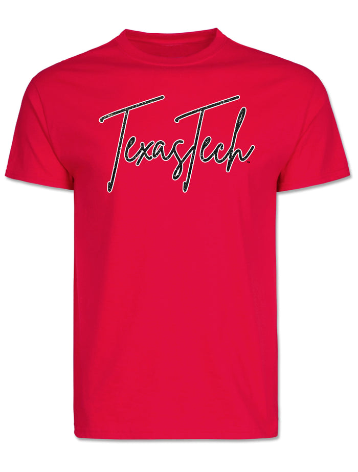 Red Texas Tech t-shirt with Texas Tech across the chest in a fine line cursive script, black glitter with a white outline