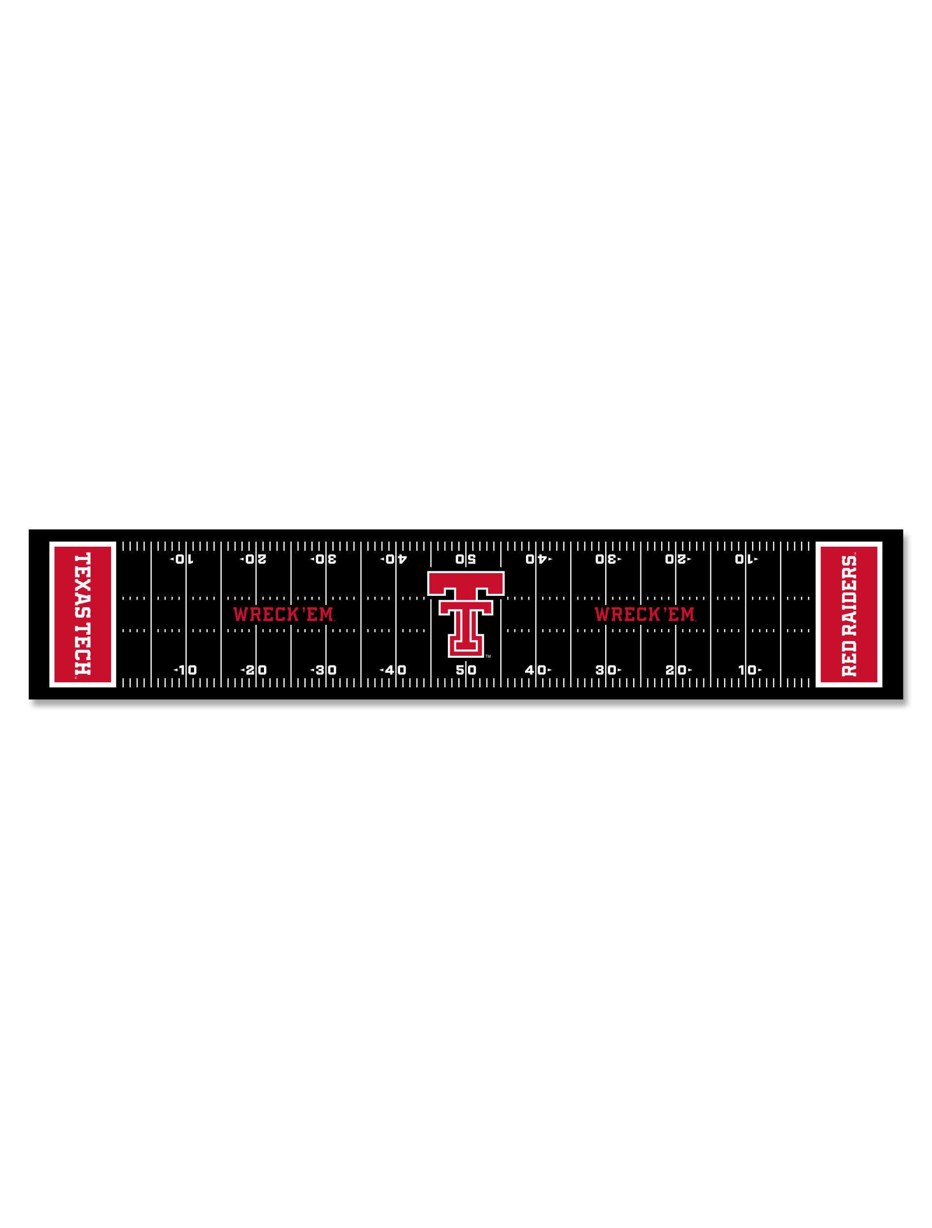 Texas Tech Red Raiders football field tailgating table runner in black with red end zones and a Double T at midfield