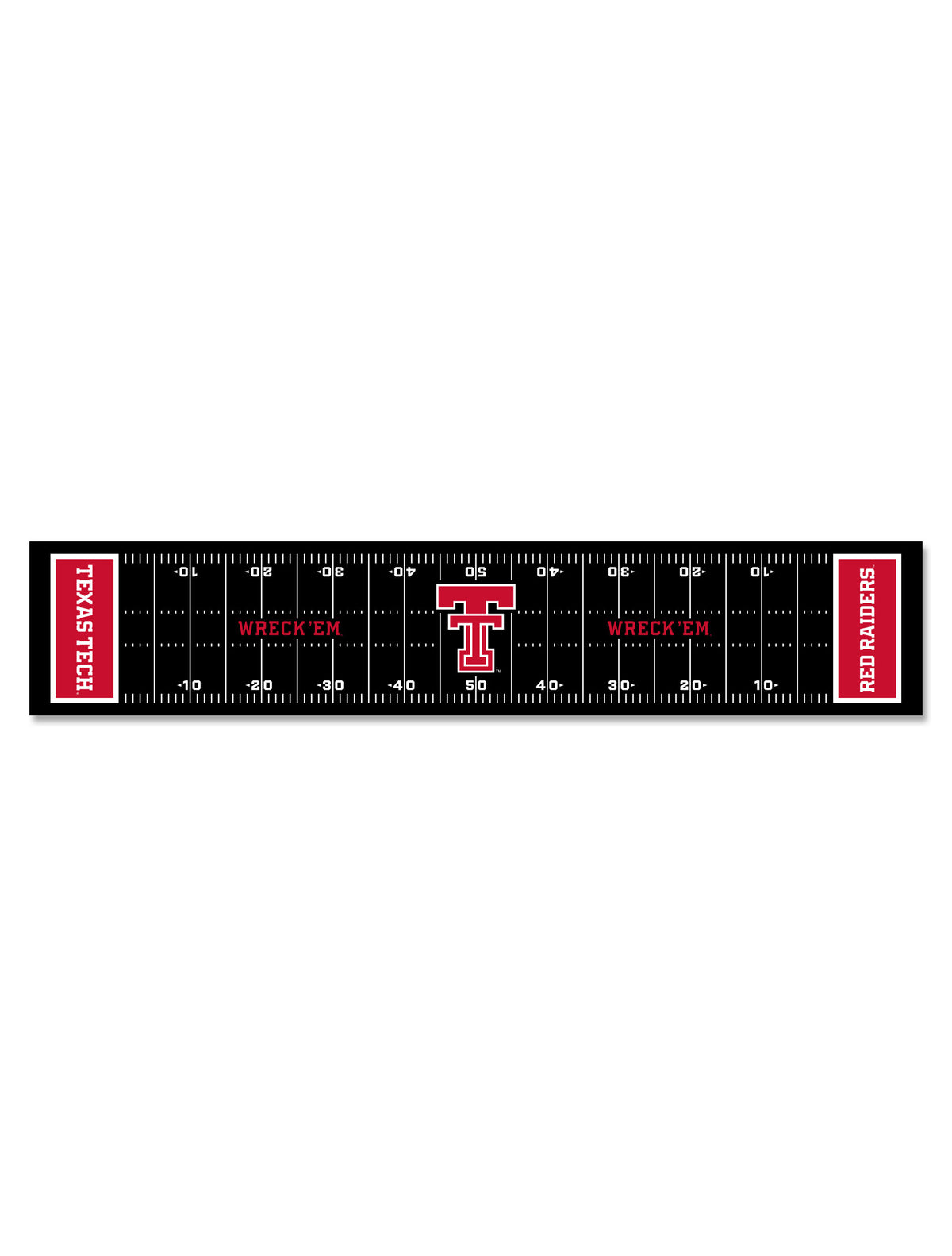 Texas Tech Red Raiders football field tailgating table runner in black with red end zones and a Double T at midfield