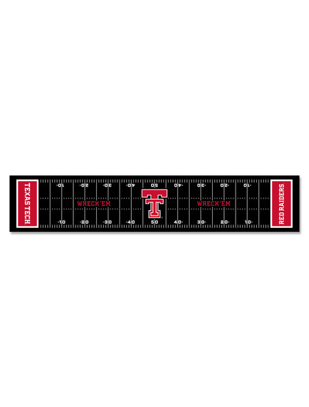 Texas Tech Red Raiders football field tailgating table runner in black with red end zones and a Double T at midfield