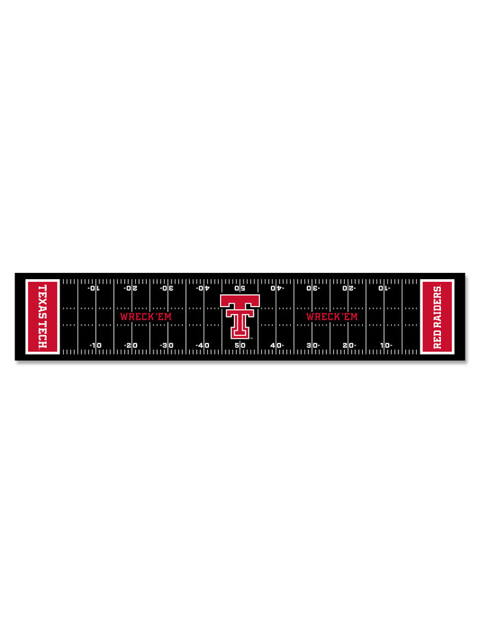 Texas Tech Red Raiders football field tailgating table runner in black with red end zones and a Double T at midfield