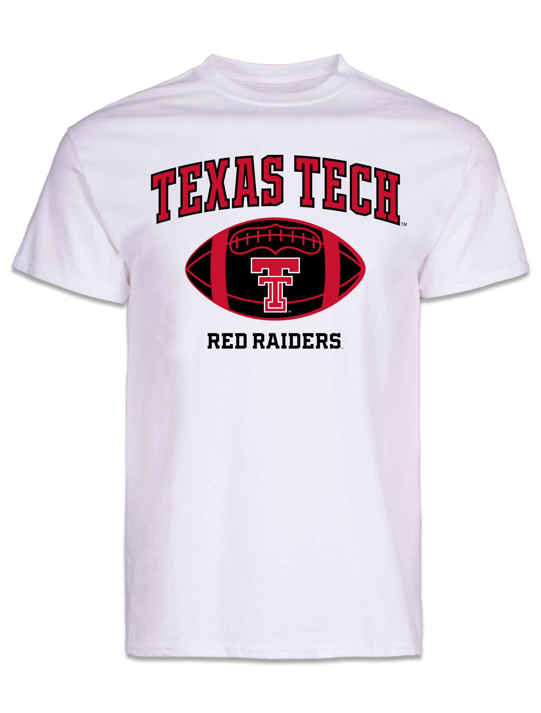 White Texas Tech tee with TEXAS TECH arched in red above a red and black football carrying the Double T, and RED RAIDERS beneath