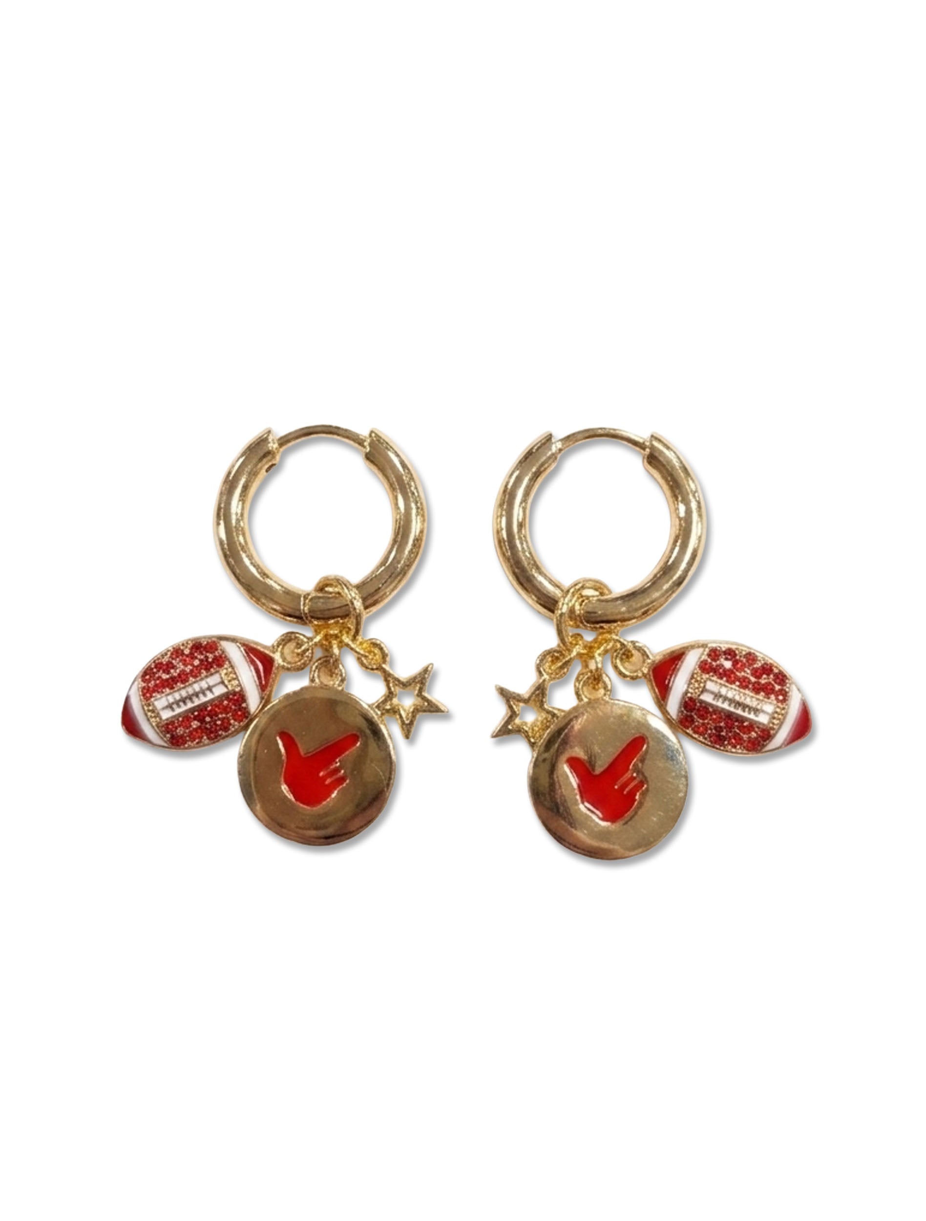 Pair of gold Texas Tech huggie hoop earrings with three charms each: a red pavé football, a gold disc with the Guns Up hand in red enamel, and an open star
