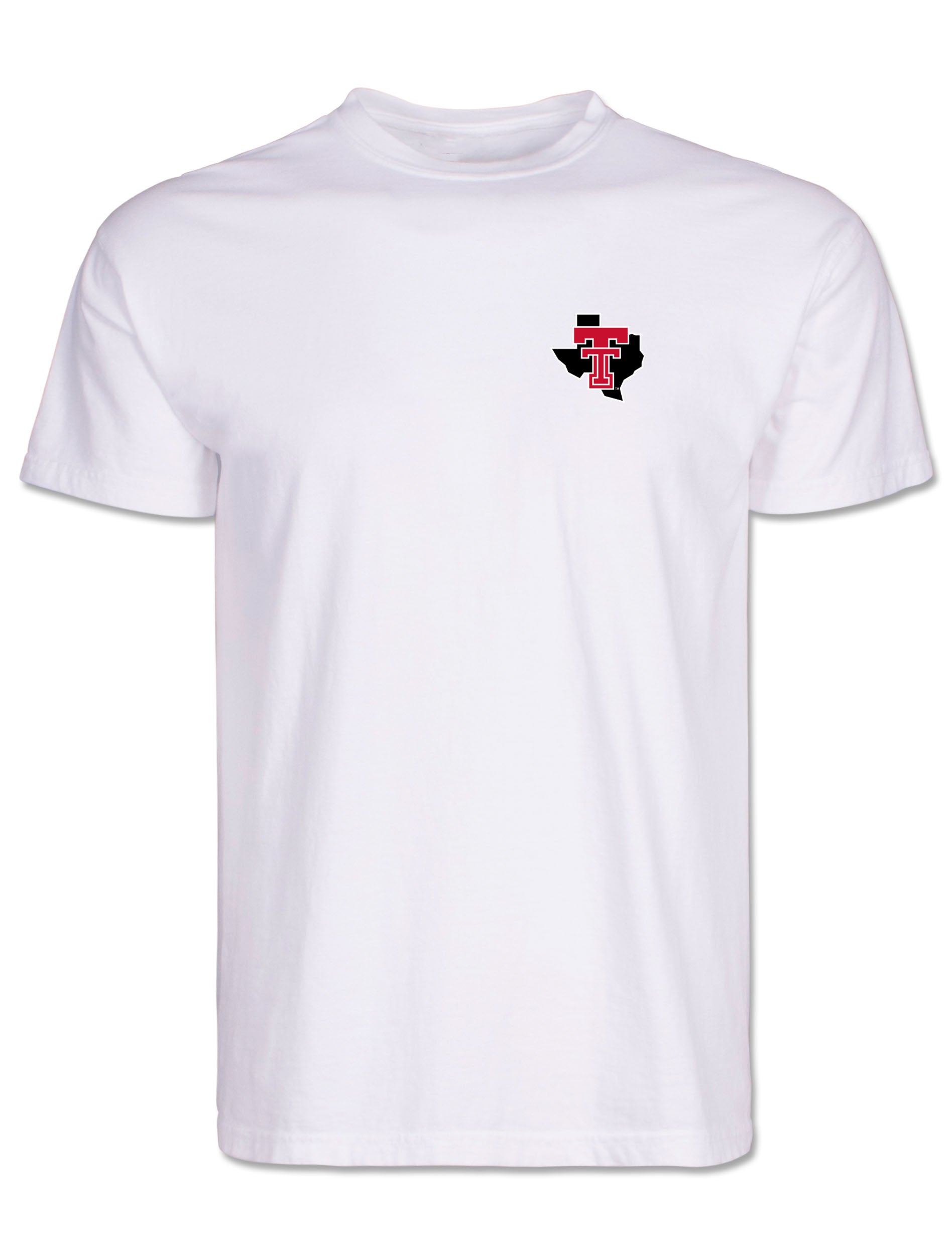 Front of the white Texas Tech tee with a black Texas state outline and red Double T at the left chest