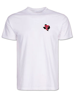 Front of the white Texas Tech tee with a black Texas state outline and red Double T at the left chest