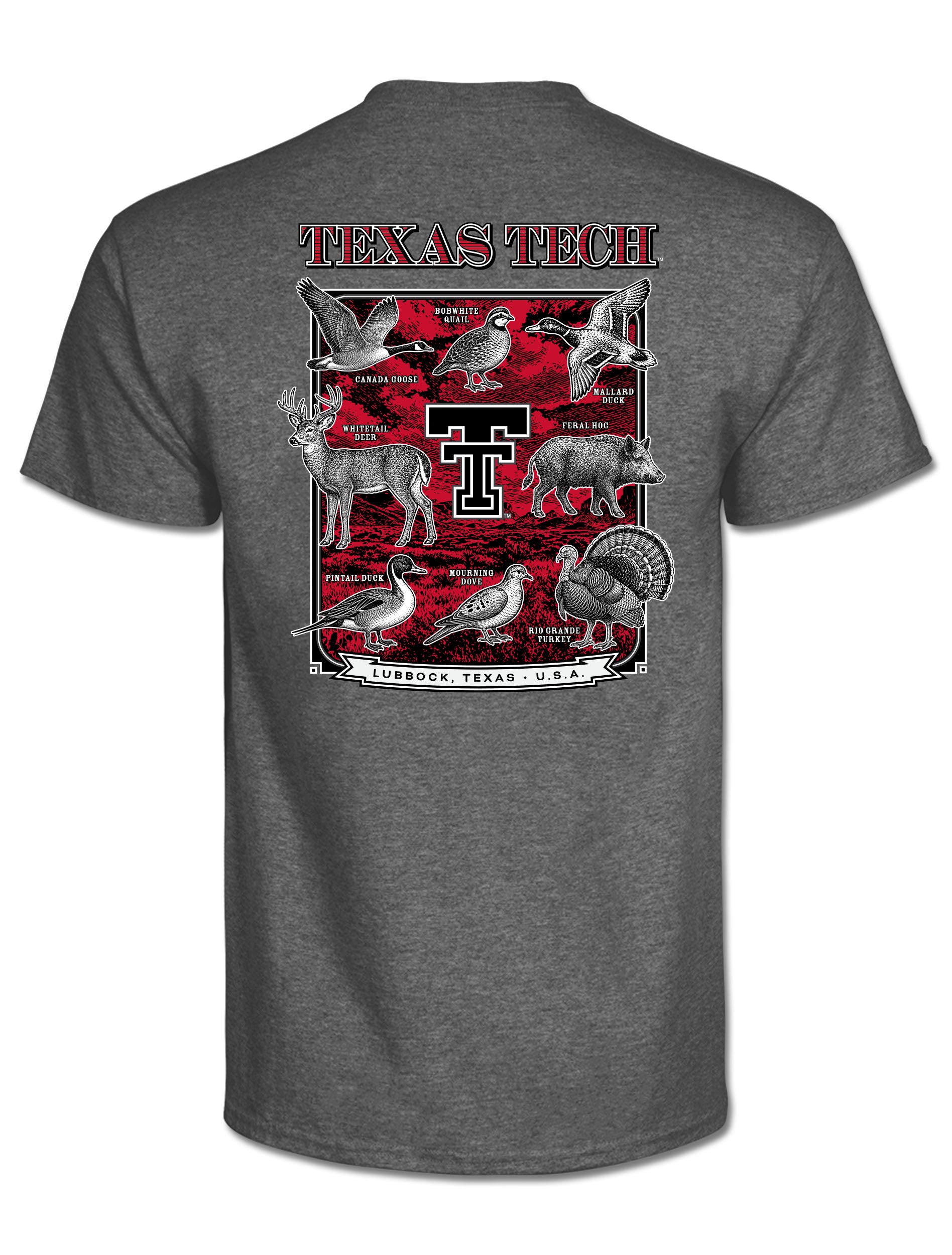 Back of the graphite tee with arched TEXAS TECH lettering above a framed panel of Texas game species around the Double T and a Lubbock, Texas banner