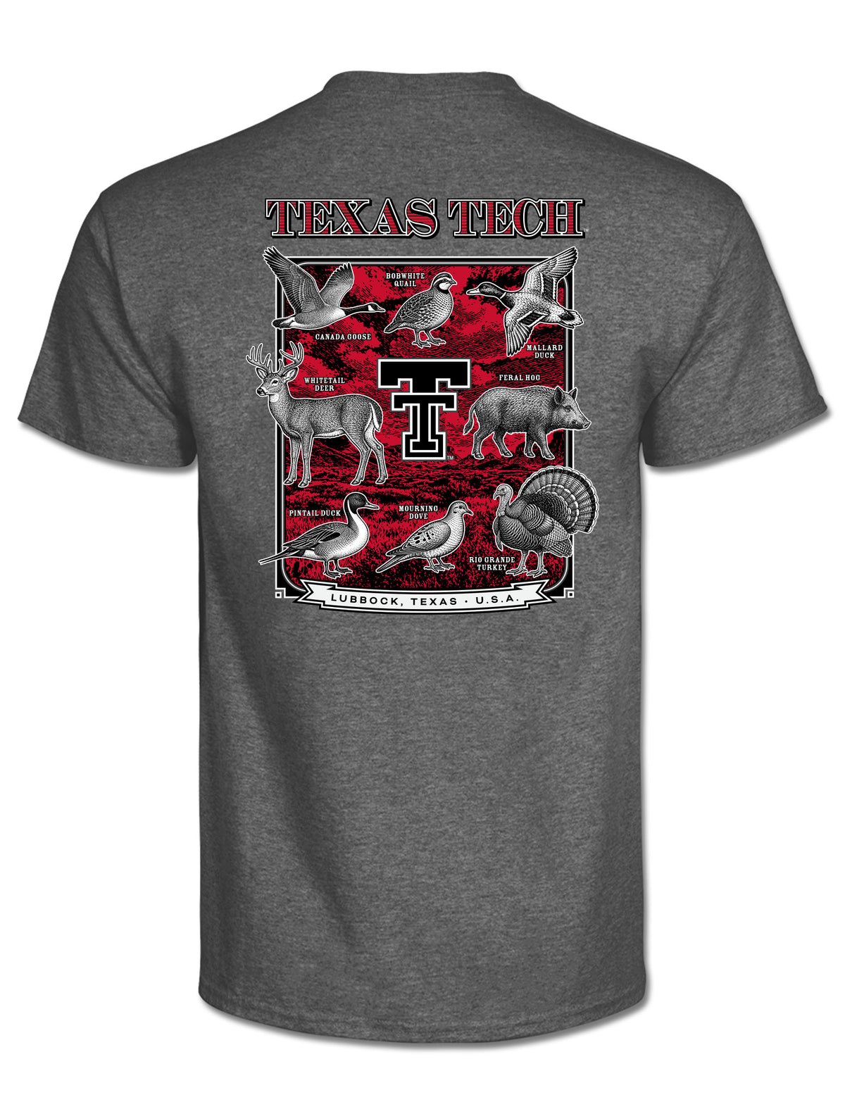 Back of the graphite tee with arched TEXAS TECH lettering above a framed panel of Texas game species around the Double T and a Lubbock, Texas banner