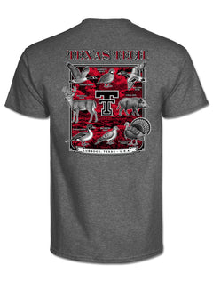 Back of the graphite tee with arched TEXAS TECH lettering above a framed panel of Texas game species around the Double T and a Lubbock, Texas banner