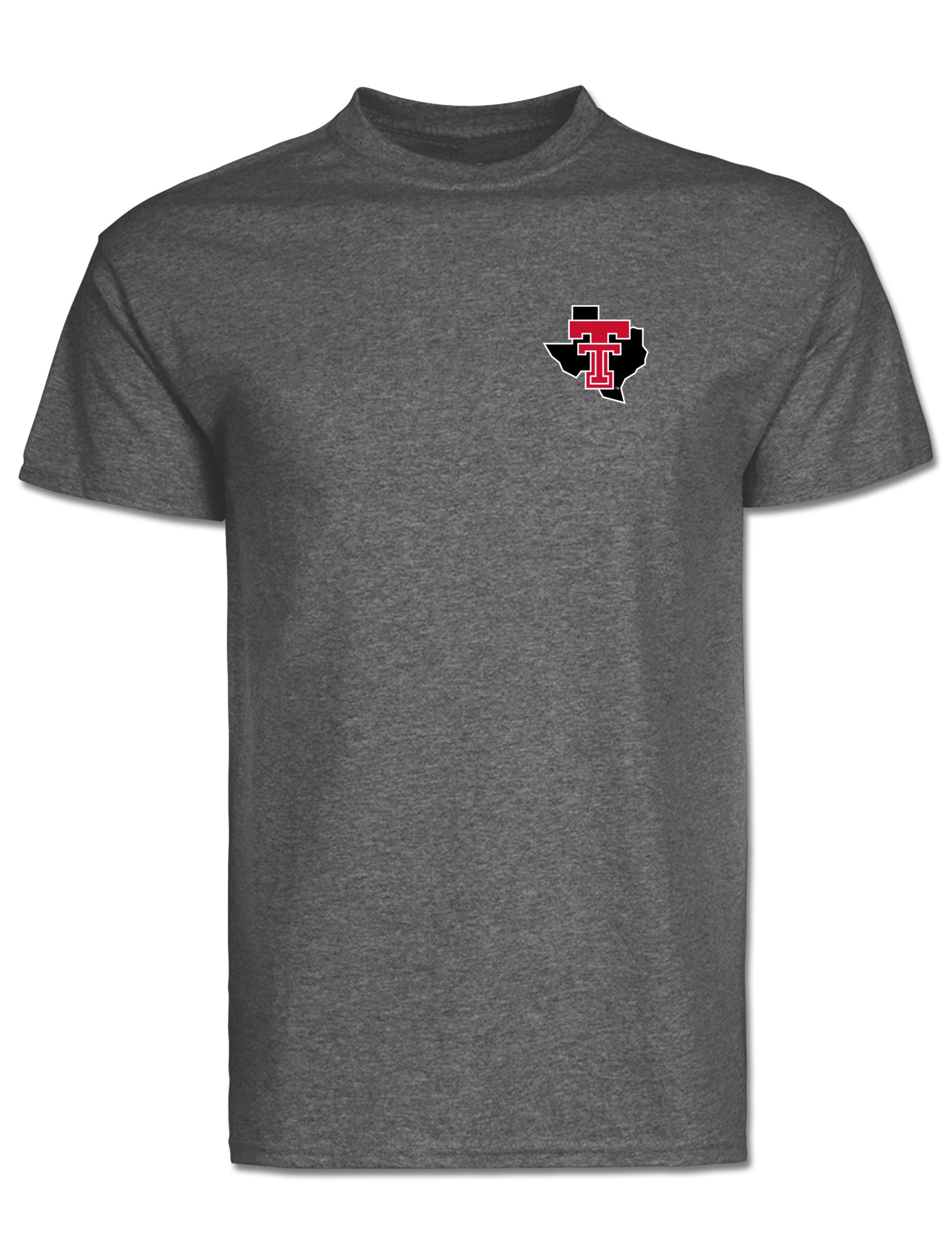Front of the graphite tee with the Double T set inside the Texas state outline on the left chest