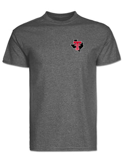 Front of the graphite tee with the Double T set inside the Texas state outline on the left chest