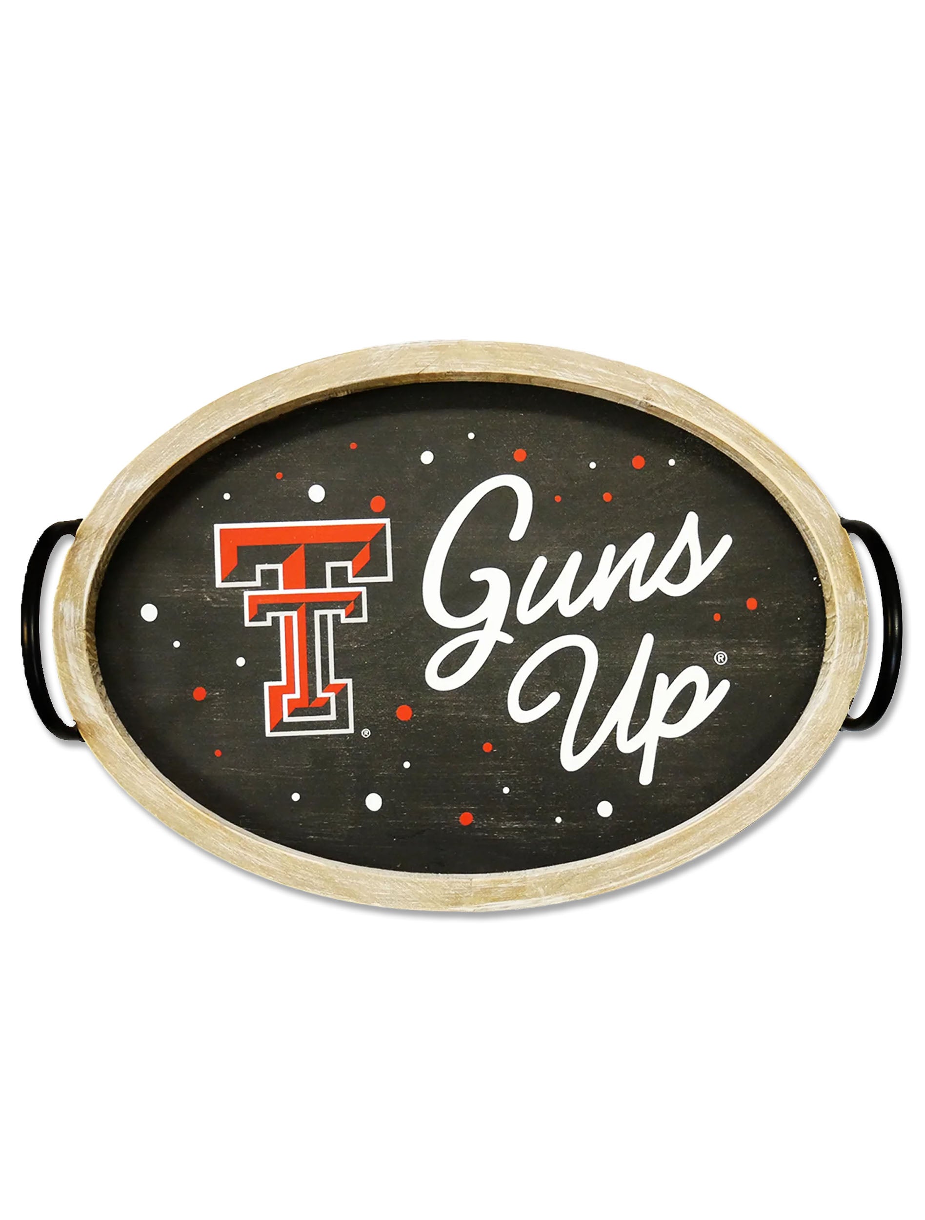 Oval wood tray with a whitewashed rim and black metal handles, with the Double T and Guns Up script on a distressed black center