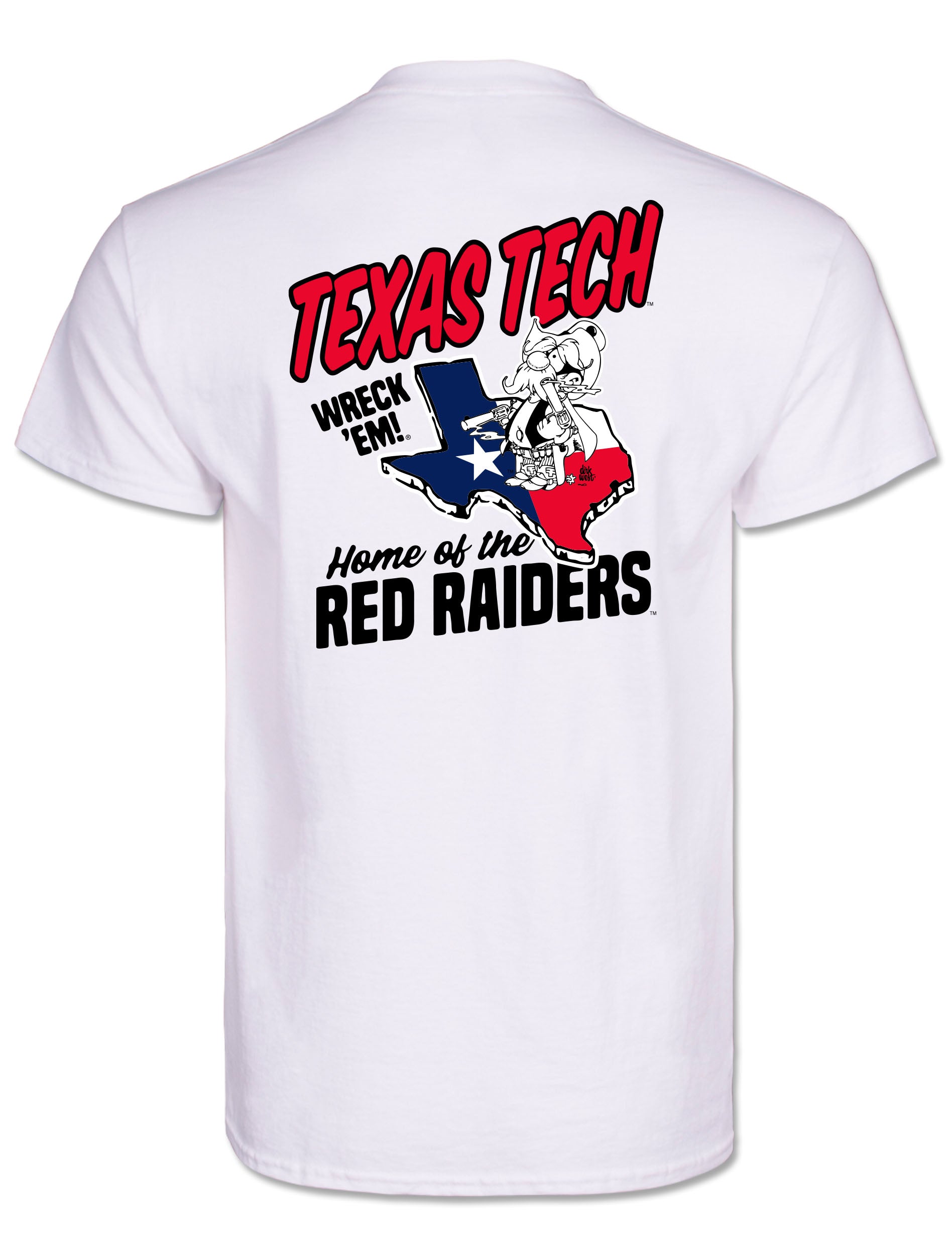 Back of the white Texas Tech tee with the state of Texas in flag colors, Raider Red across it, WRECK 'EM! and Home of the RED RAIDERS