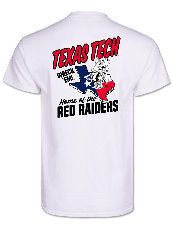 Back of the white Texas Tech tee with the state of Texas in flag colors, Raider Red across it, WRECK 'EM! and Home of the RED RAIDERS