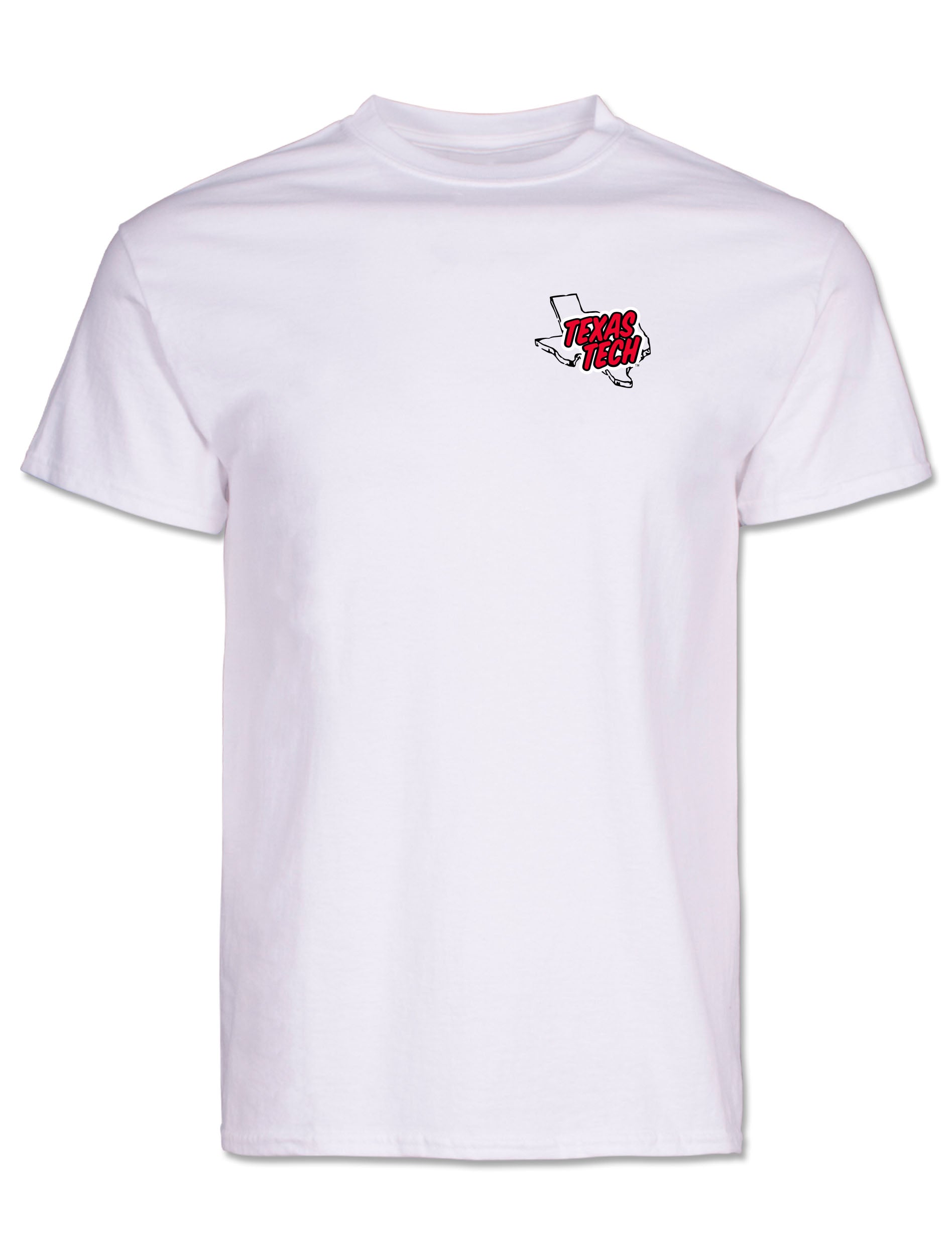 Front of the white Texas Tech tee with a small Texas outline and TEXAS TECH on the left chest