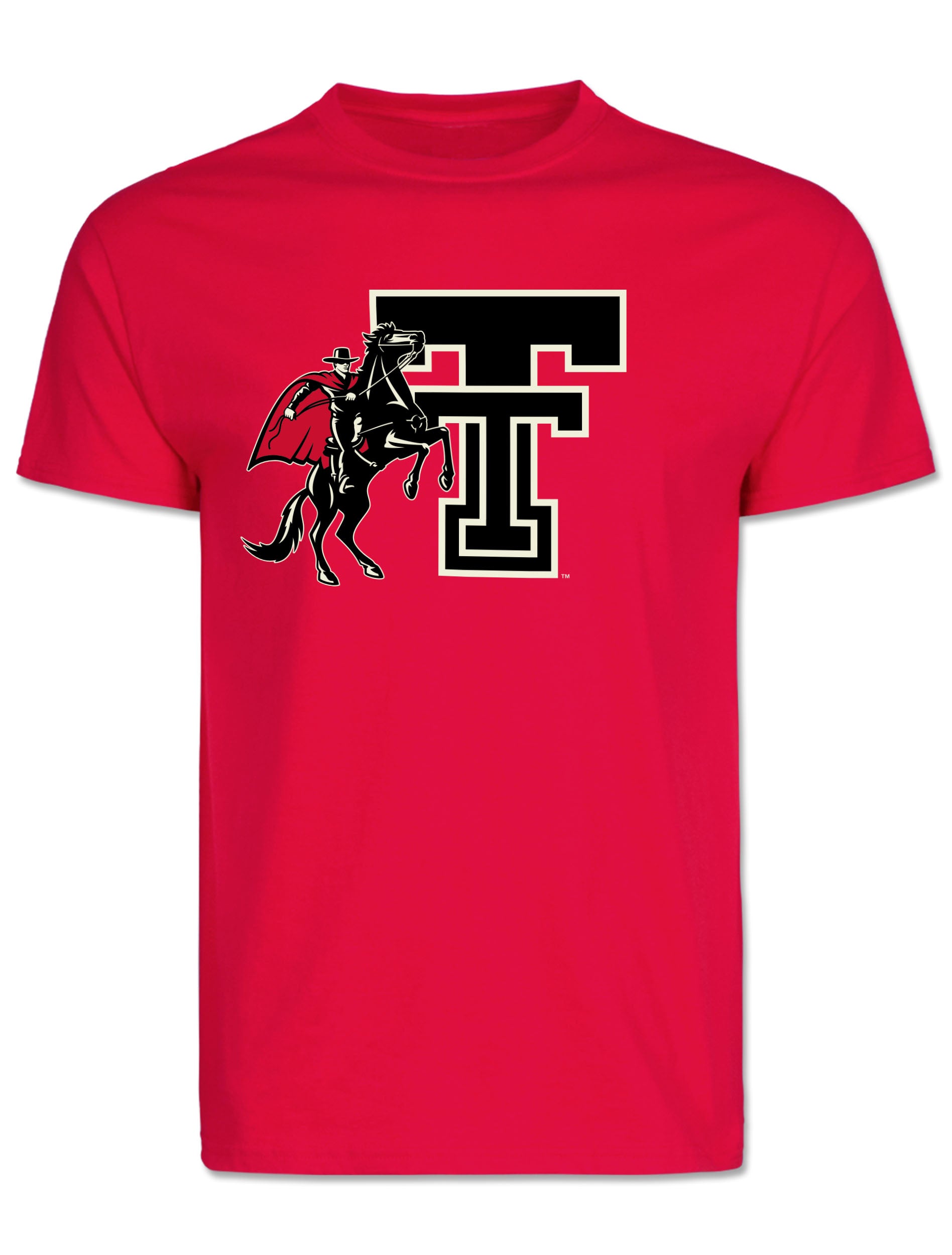 Red Texas Tech tee with the Rearing Rider logo across the chest, the Masked Rider on a rearing black horse set beside a throwback Double T