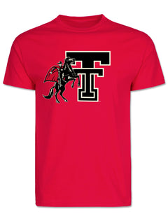 Red Texas Tech tee with the Rearing Rider logo across the chest, the Masked Rider on a rearing black horse set beside a throwback Double T
