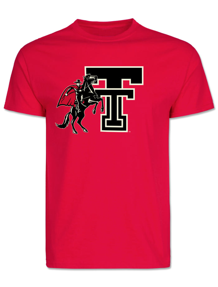 Red Texas Tech tee with the Rearing Rider logo across the chest, the Masked Rider on a rearing black horse set beside a throwback Double T