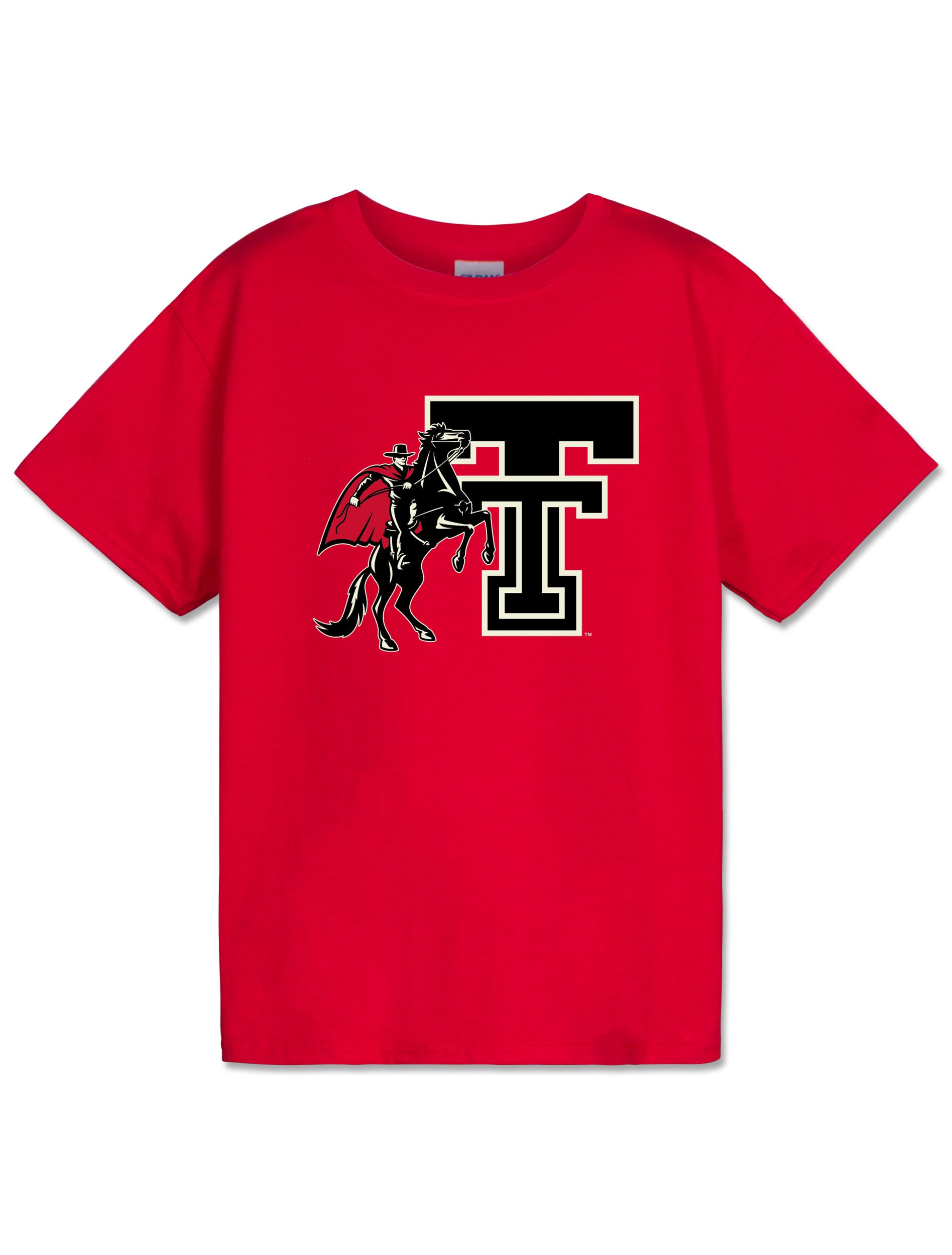 Red Texas Tech youth tee with the Rearing Rider logo, the Masked Rider on a rearing black horse beside a throwback Double T
