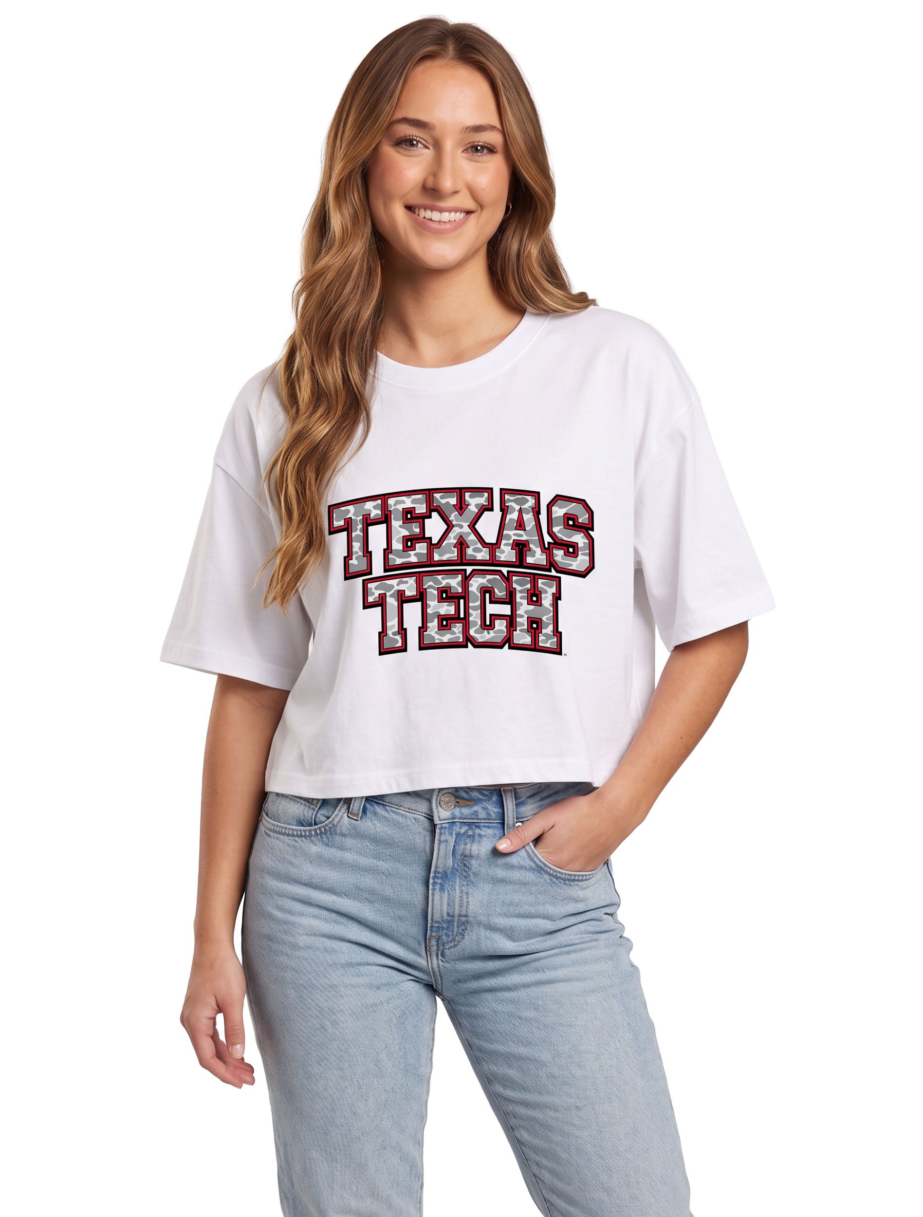 Model wearing a white crop tee with TEXAS TECH stacked in grey camo block letters outlined in red and black
