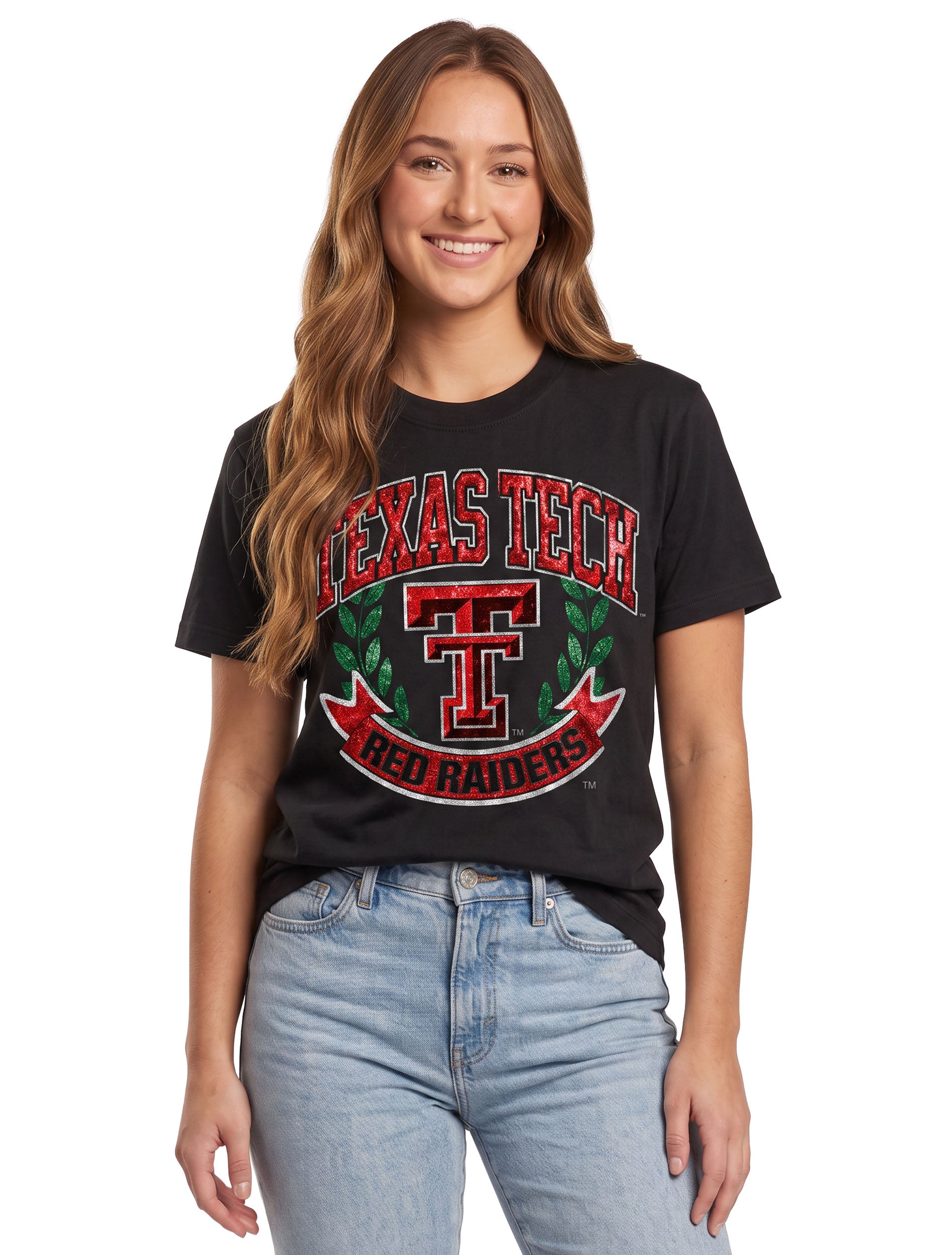 Black Texas Tech blouse with a glitter crest across the front, TEXAS TECH arched above the Double T, green laurel branches on either side and a banner reading RED RAIDERS