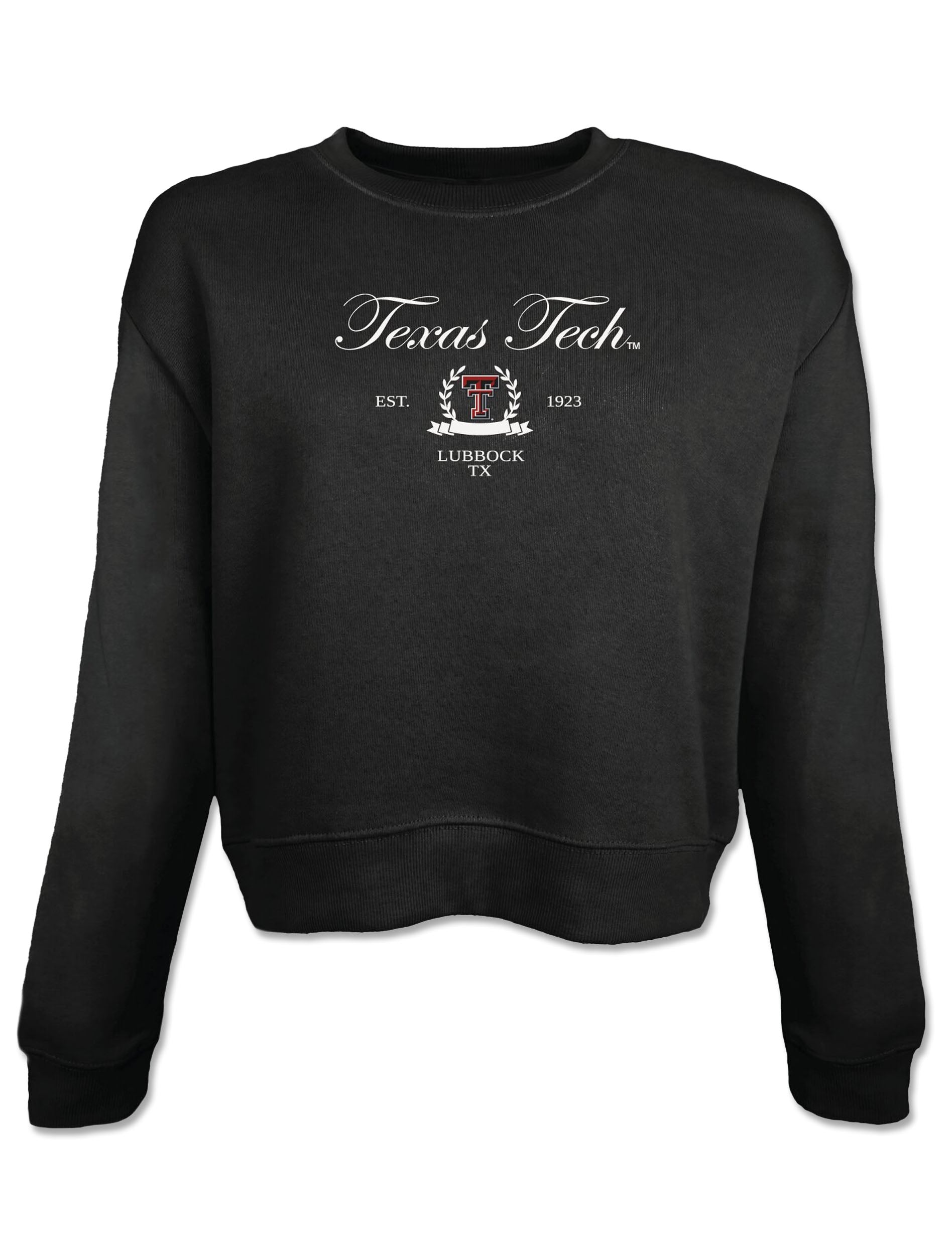 Black cropped crewneck sweatshirt with Texas Tech in white script above a laurel wreath framing the Double T and a Lubbock TX banner