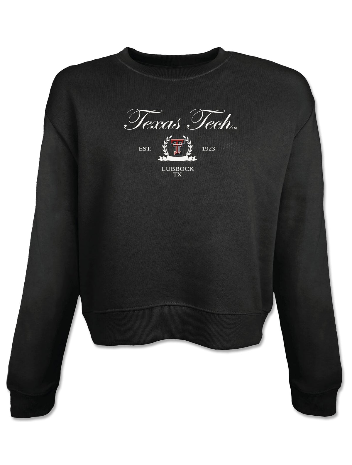 Black cropped crewneck sweatshirt with Texas Tech in white script above a laurel wreath framing the Double T and a Lubbock TX banner