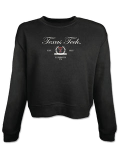 Black cropped crewneck sweatshirt with Texas Tech in white script above a laurel wreath framing the Double T and a Lubbock TX banner