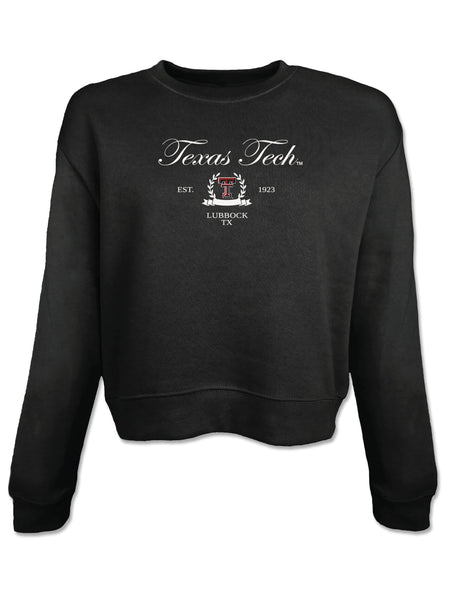 Black cropped crewneck sweatshirt with Texas Tech in white script above a laurel wreath framing the Double T and a Lubbock TX banner