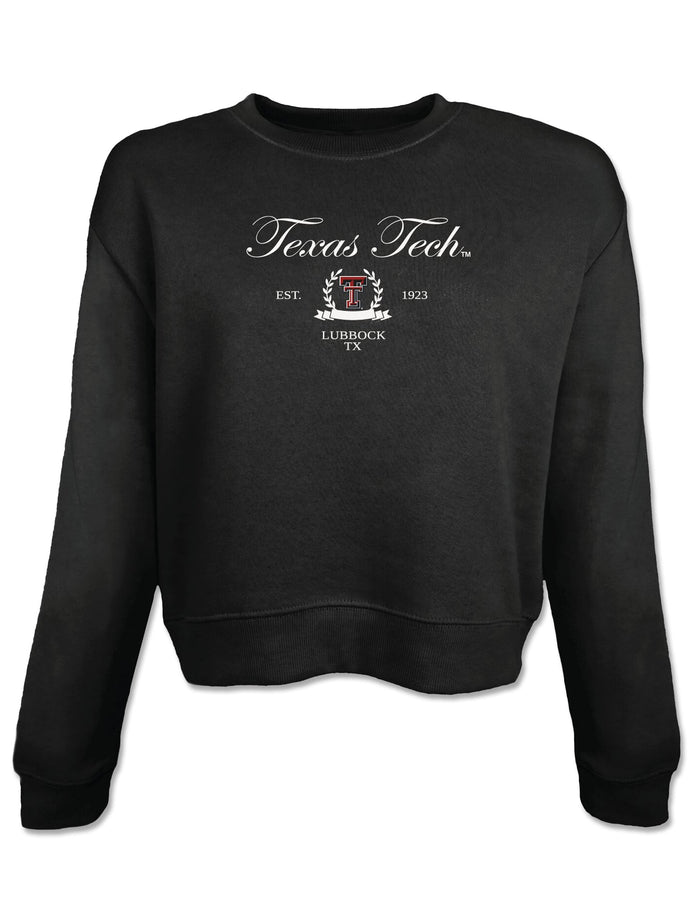 Black cropped crewneck sweatshirt with Texas Tech in white script above a laurel wreath framing the Double T and a Lubbock TX banner