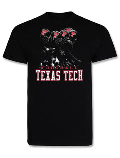 Black Texas Tech tee with a distressed photo of four Double T helmets on the line, FOOTBALL above TEXAS TECH in worn block lettering
