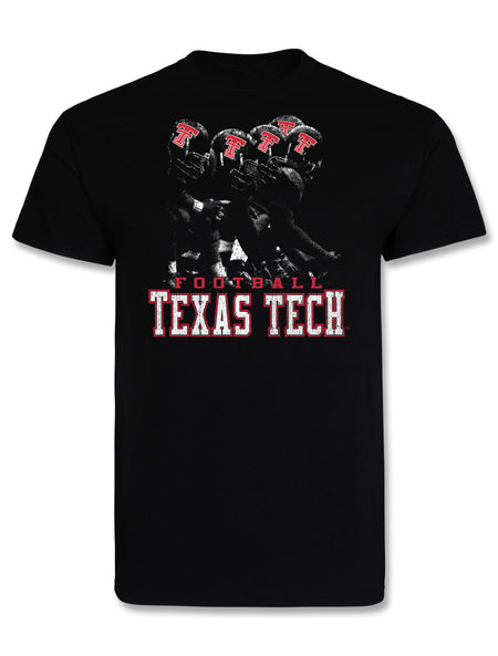 Black Texas Tech tee with a distressed photo of four Double T helmets on the line, FOOTBALL above TEXAS TECH in worn block lettering