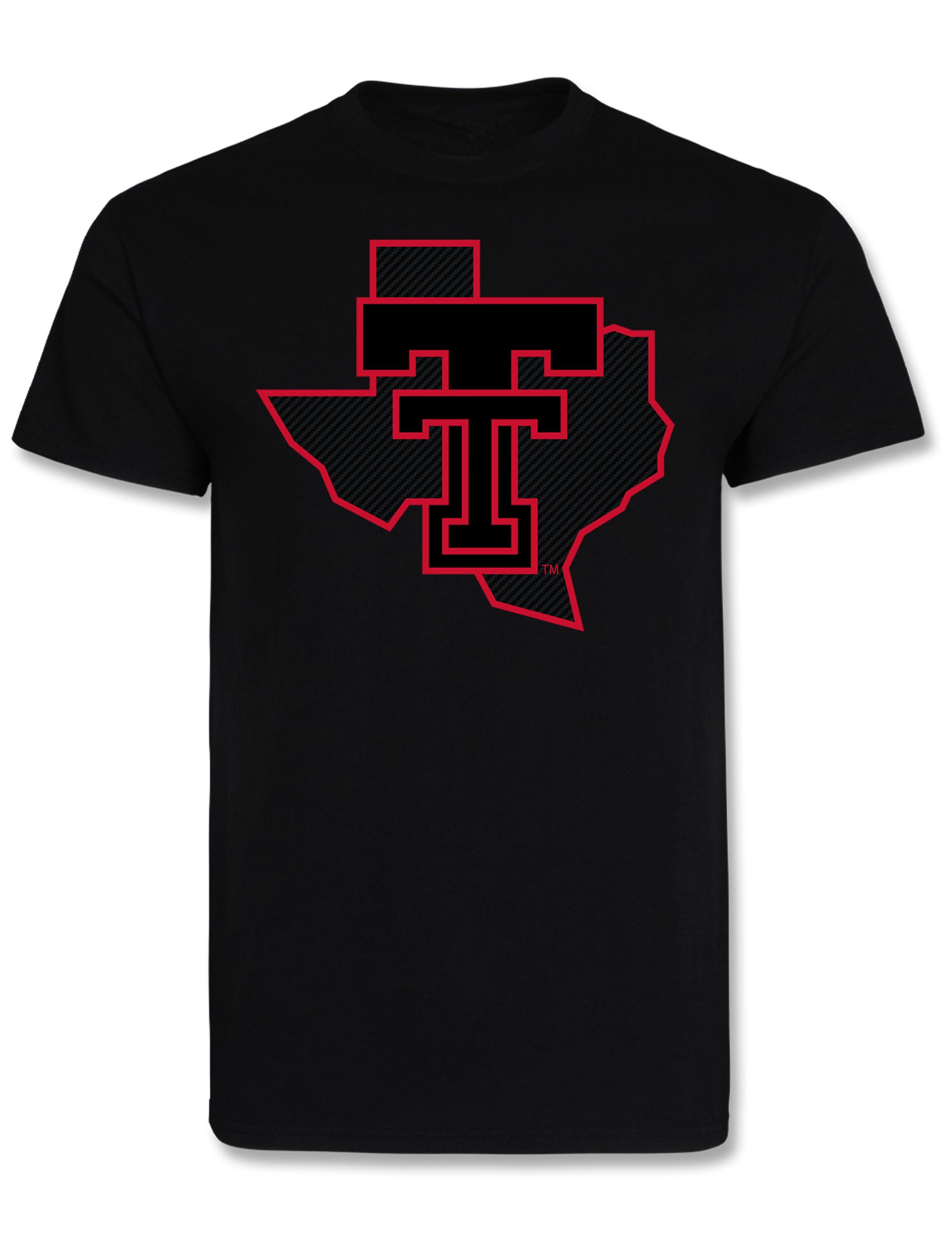 Black Texas Tech tee with a carbon print Texas outline in red and a black Double T over it
