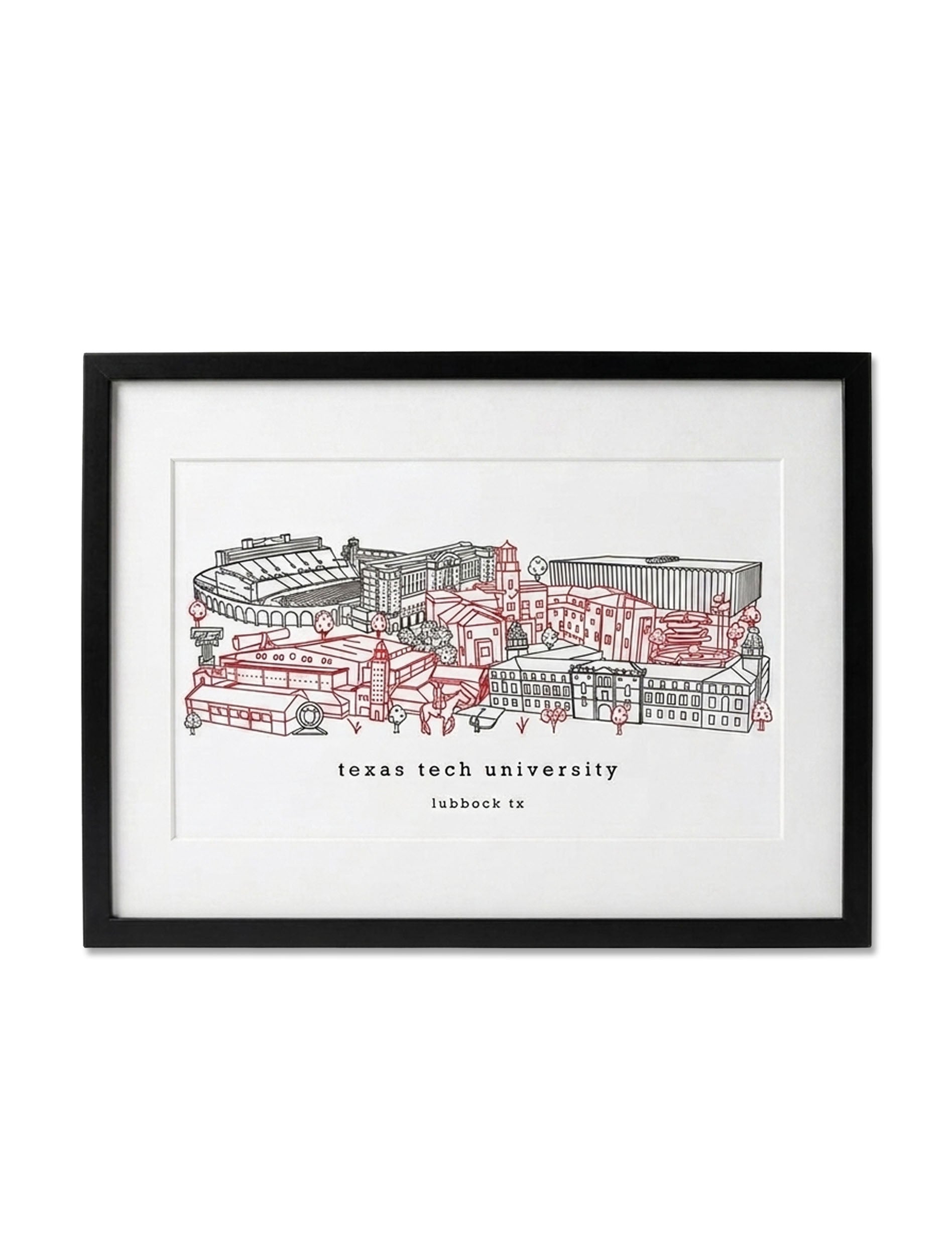 Framed line-art print of the Texas Tech campus in red and black, showing The Jones (aka Galaxy Stadium), United Supermarkets Arena, and the Administration Building, captioned texas tech university lubbock tx