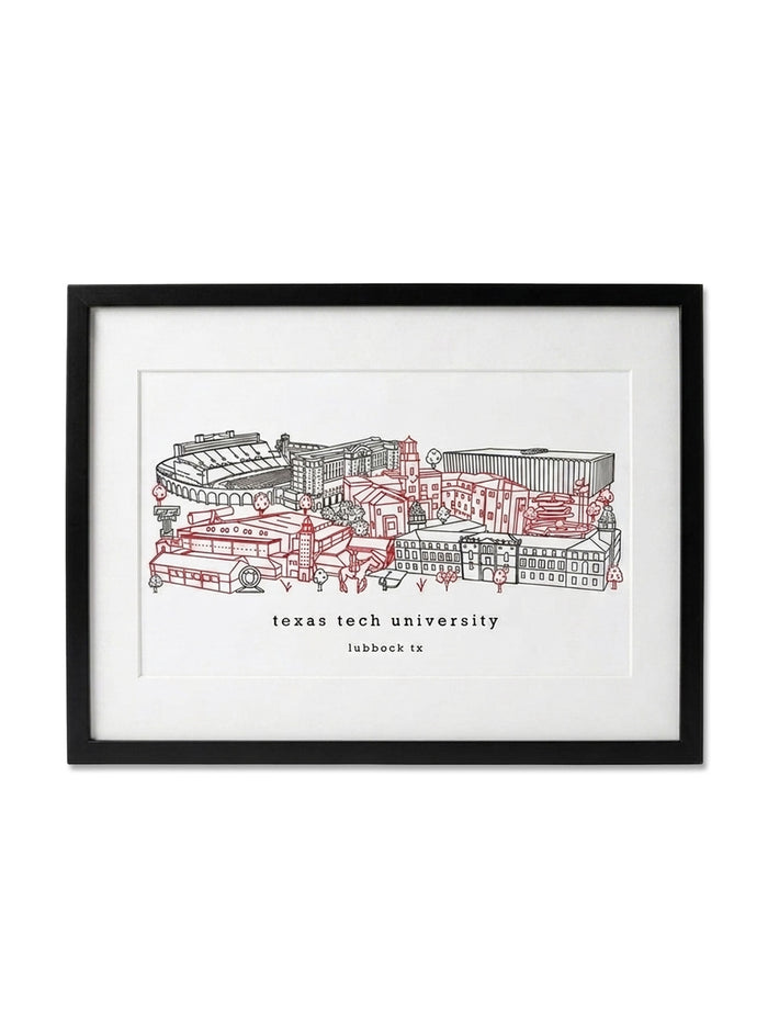 Framed line-art print of the Texas Tech campus in red and black, showing The Jones (aka Galaxy Stadium), United Supermarkets Arena, and the Administration Building, captioned texas tech university lubbock tx