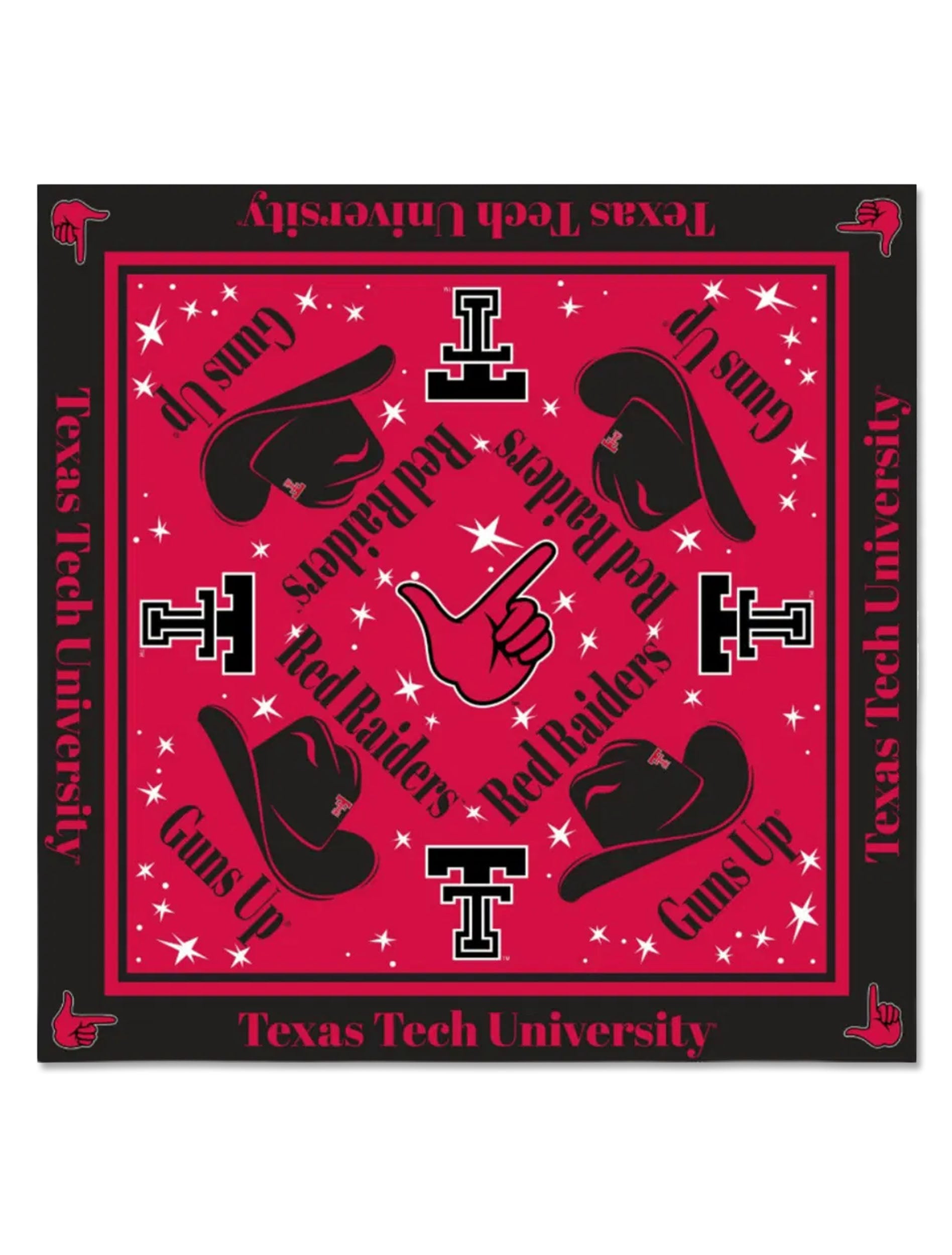 Texas Tech square scarf in red and black with cowboy hats, Double T logos, “Guns Up” and “Red Raiders” lettering and white stars, bordered with “Texas Tech University”