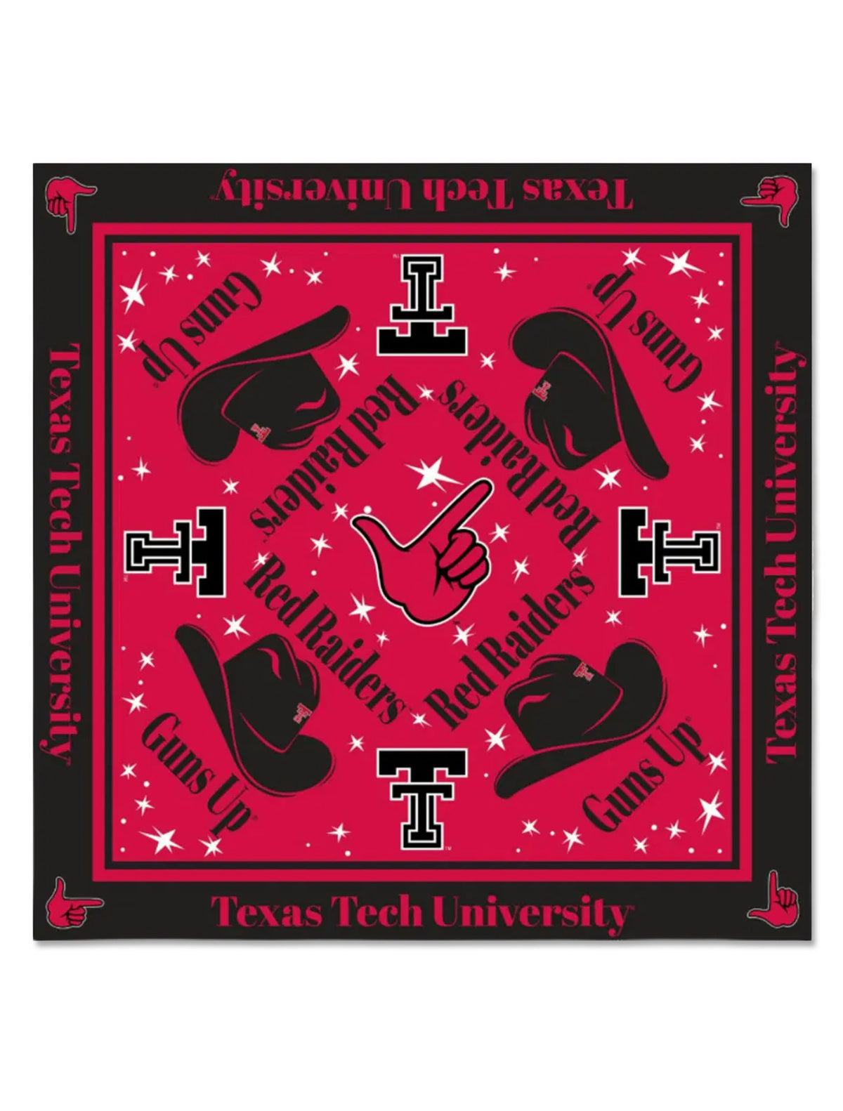 Texas Tech square scarf in red and black with cowboy hats, Double T logos, “Guns Up” and “Red Raiders” lettering and white stars, bordered with “Texas Tech University”