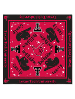 Texas Tech square scarf in red and black with cowboy hats, Double T logos, “Guns Up” and “Red Raiders” lettering and white stars, bordered with “Texas Tech University”