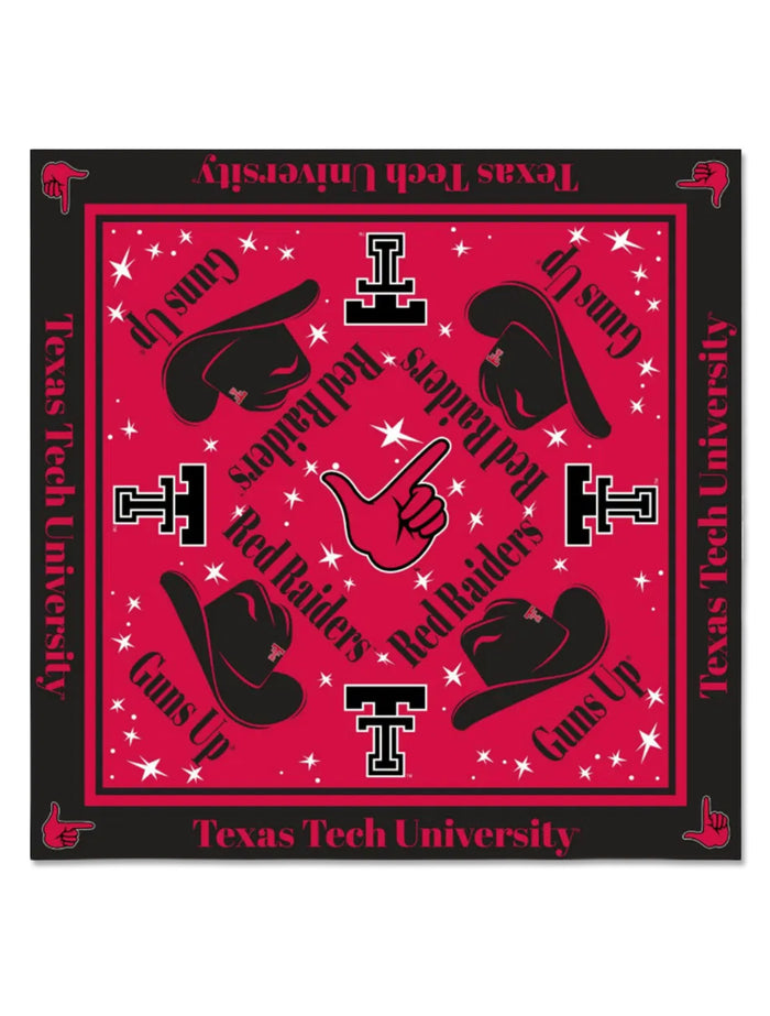 Texas Tech square scarf in red and black with cowboy hats, Double T logos, “Guns Up” and “Red Raiders” lettering and white stars, bordered with “Texas Tech University”