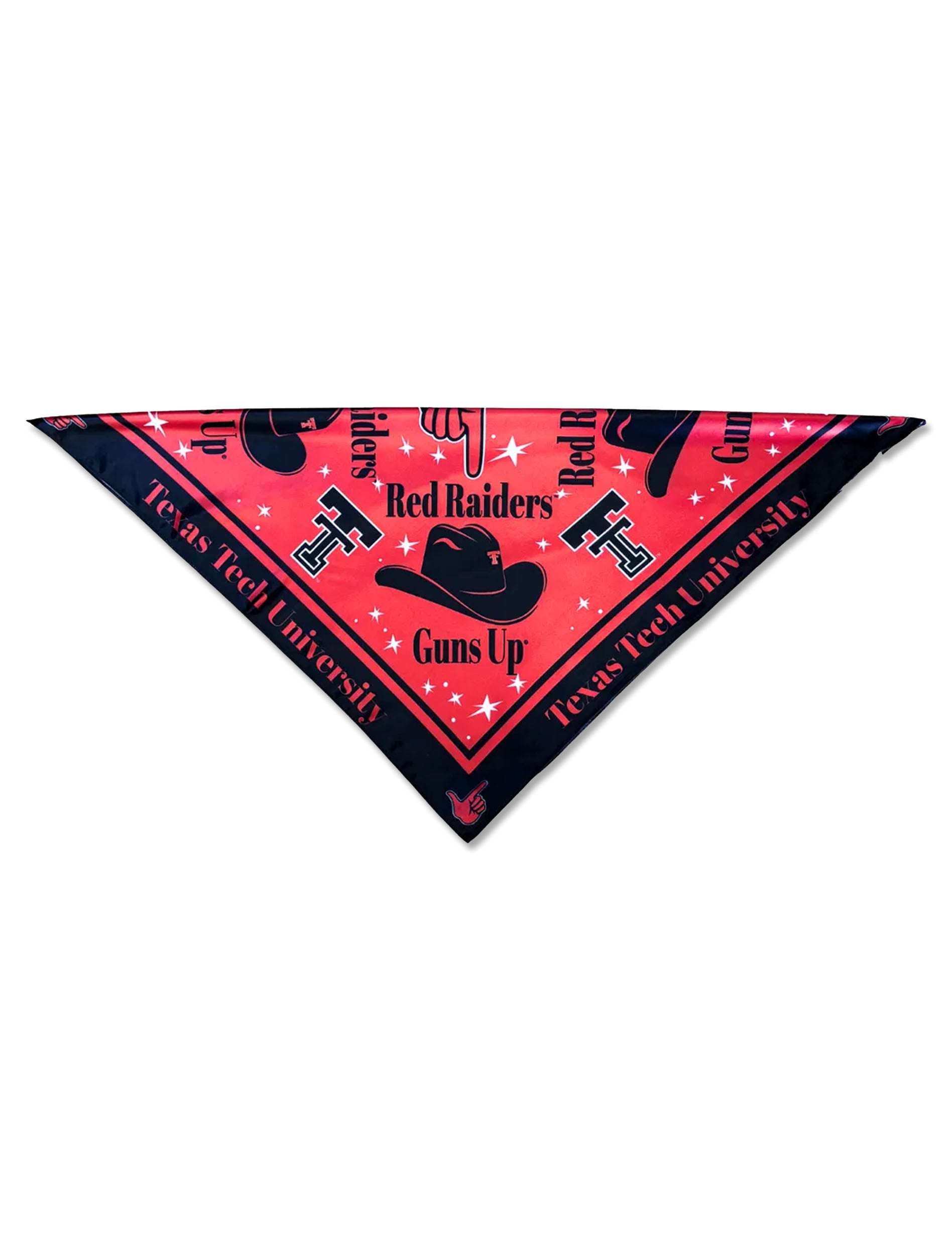 The Texas Tech “Moona” square scarf folded into a triangle, showing the Guns Up and Red Raiders print and the black border