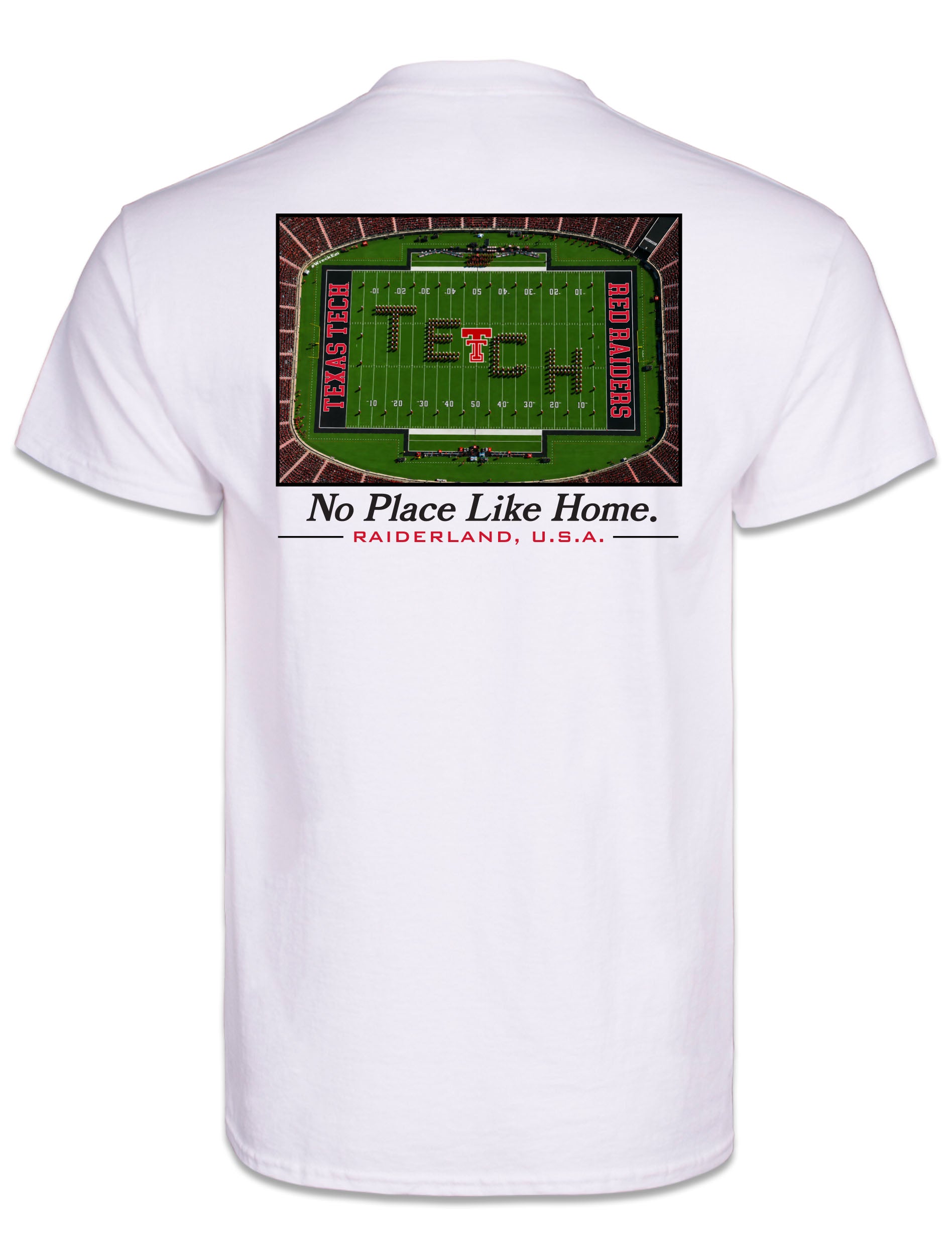 Back of the white Texas Tech pocket tee with an aerial stadium photo of the band in a TECH formation above No Place Like Home and RAIDERLAND, U.S.A.