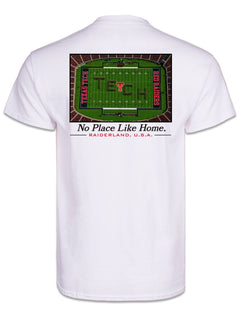 Back of the white Texas Tech pocket tee with an aerial stadium photo of the band in a TECH formation above No Place Like Home and RAIDERLAND, U.S.A.