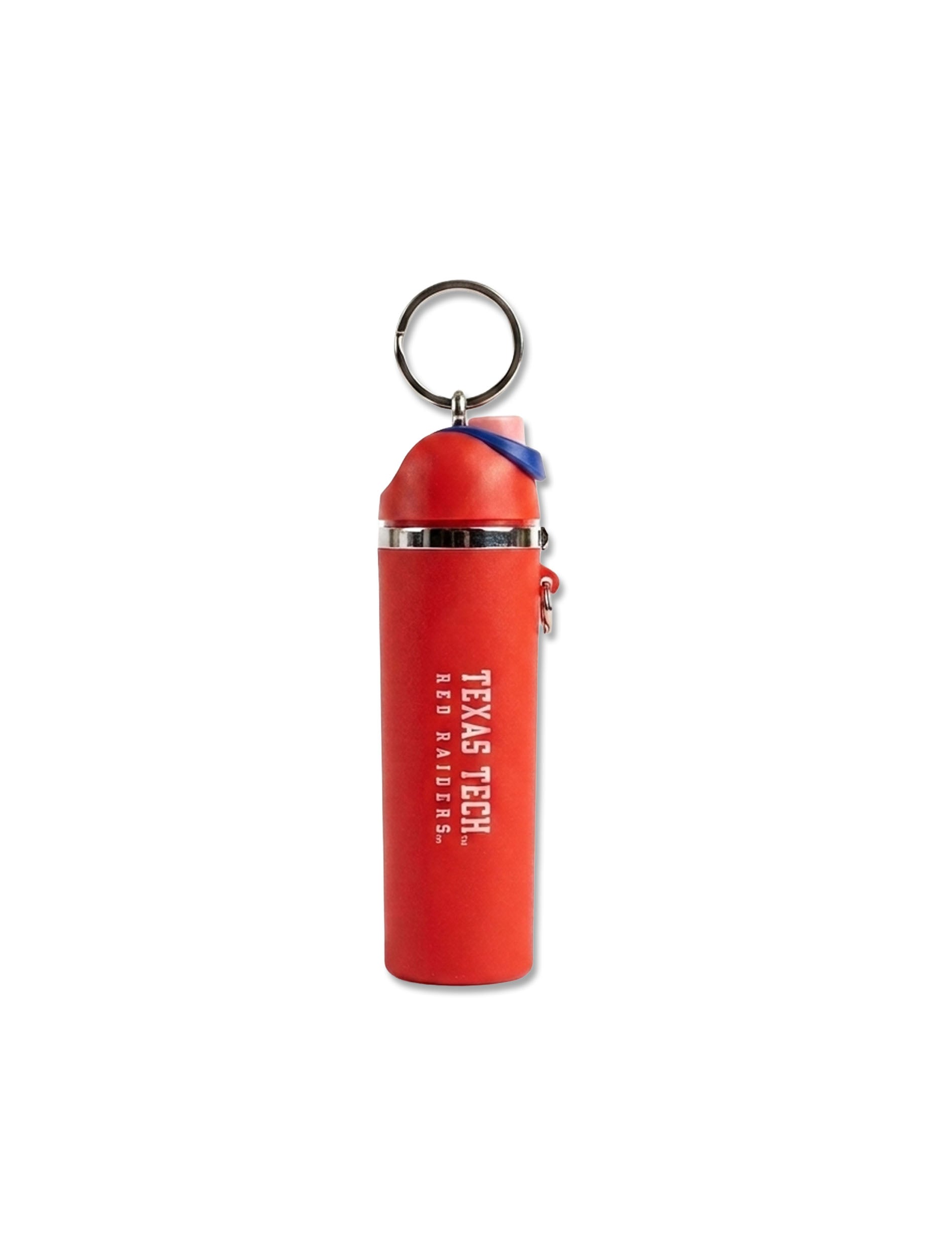 Texas Tech Red Raiders red mini keychain with an unscrewing lid and inside compartment, with Texas Tech Red Raiders in white vertical lettering