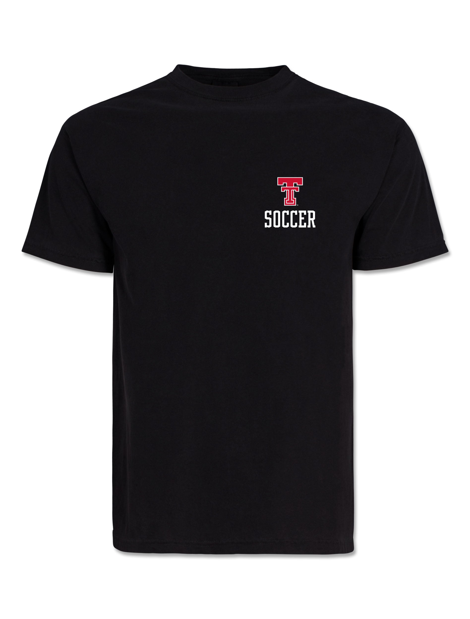 Front of the Texas Tech Red Raiders “Pitch Perfect Soccer” black short sleeve t-shirt with a red Double T over SOCCER at the left chest