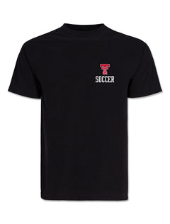 Front of the Texas Tech Red Raiders “Pitch Perfect Soccer” black short sleeve t-shirt with a red Double T over SOCCER at the left chest