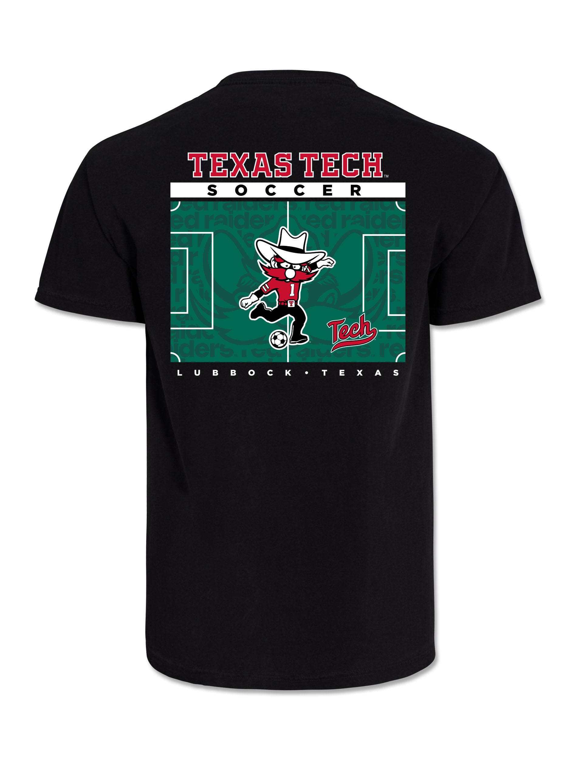Back of the Texas Tech Red Raiders “Pitch Perfect Soccer” black short sleeve t-shirt with Raider Red in a cowboy hat kicking a soccer ball on a green pitch graphic beneath Texas Tech Soccer lettering