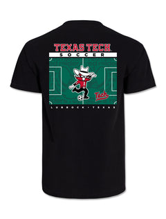 Back of the Texas Tech Red Raiders “Pitch Perfect Soccer” black short sleeve t-shirt with Raider Red in a cowboy hat kicking a soccer ball on a green pitch graphic beneath Texas Tech Soccer lettering