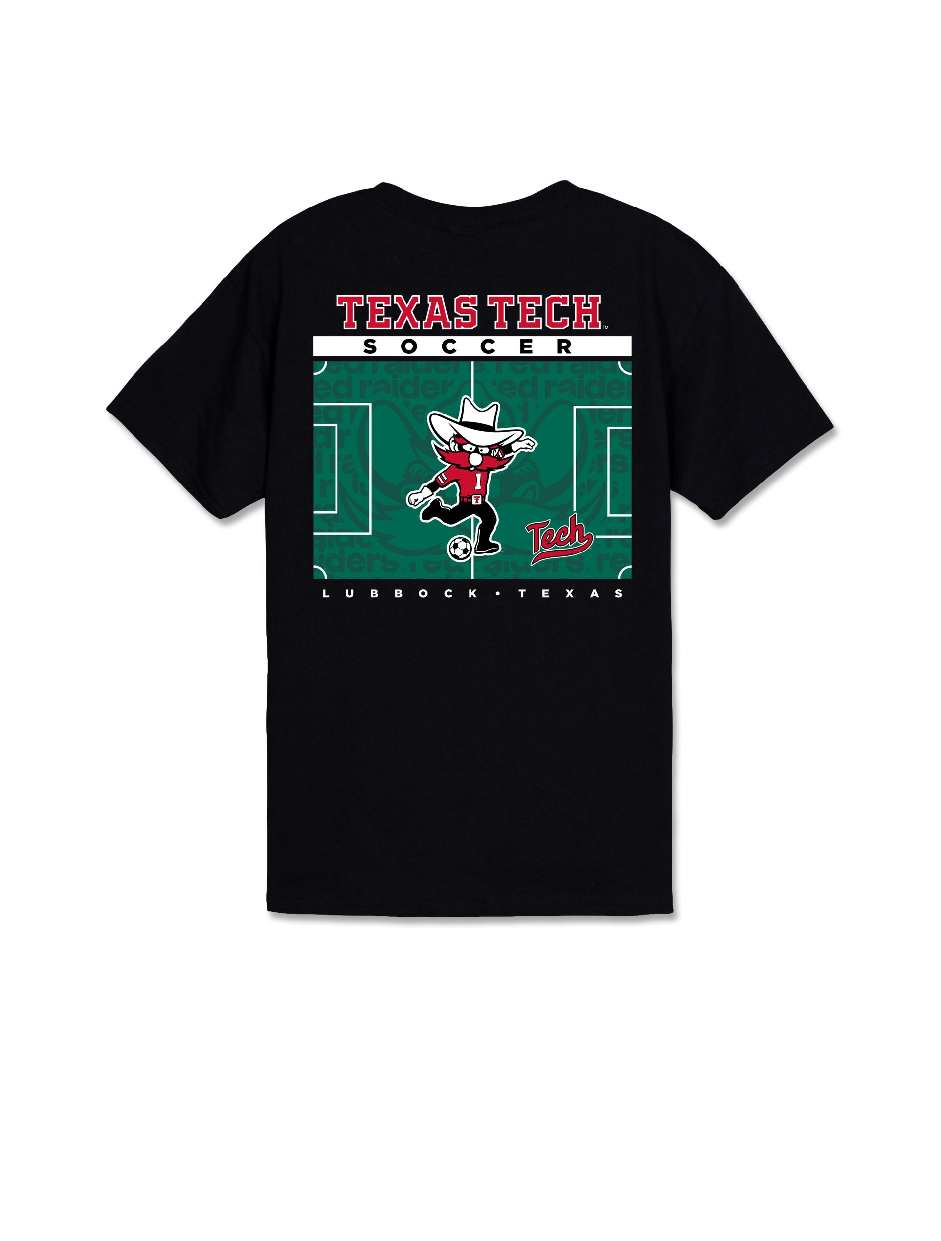 Back of the Texas Tech Red Raiders “Pitch Perfect Soccer” youth black short sleeve t-shirt with Raider Red in a cowboy hat kicking a soccer ball on a green pitch graphic beneath Texas Tech Soccer lettering