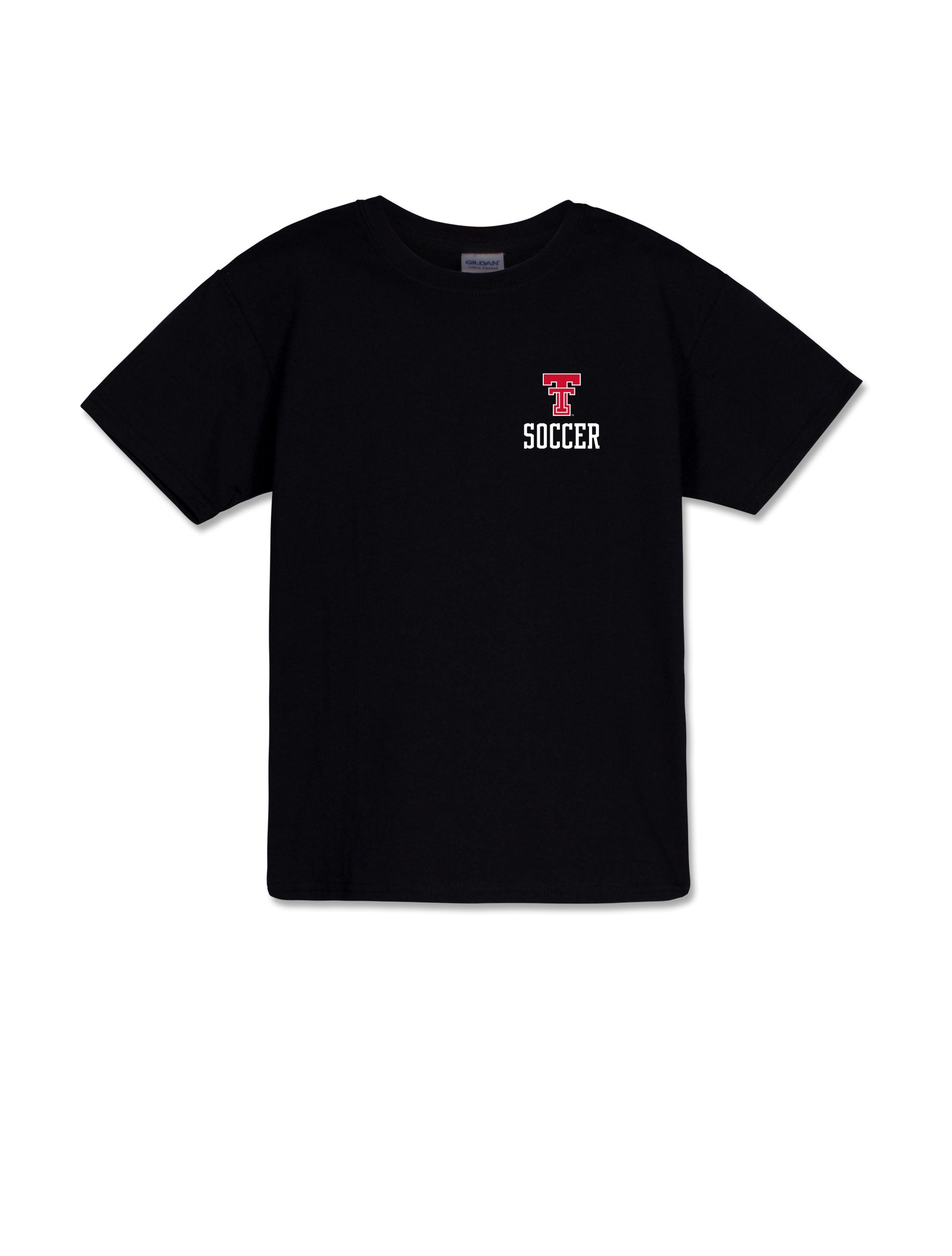 Front of the Texas Tech Red Raiders “Pitch Perfect Soccer” youth black short sleeve t-shirt with a red Double T over SOCCER at the left chest